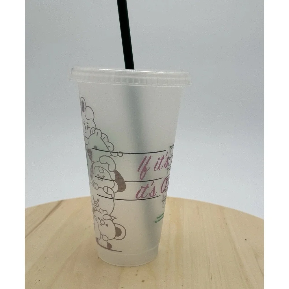 Starbucks Reusable Cold Cup 24Oz BT21 Inspired Cartoon Characters Plastic‎ Lid